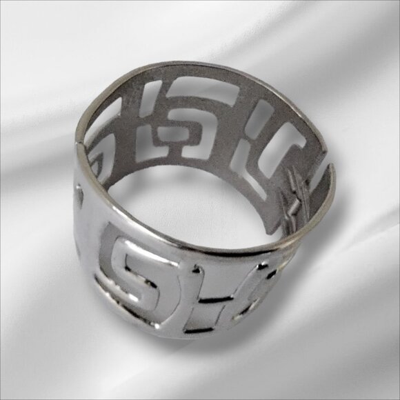 Avant Garde 1970s Silver Bracelet with Cut Outs and Clamper Hinge - 2.25 In High - Picture 6 of 7